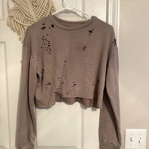 Ripped brown/grey long sleeve crop t